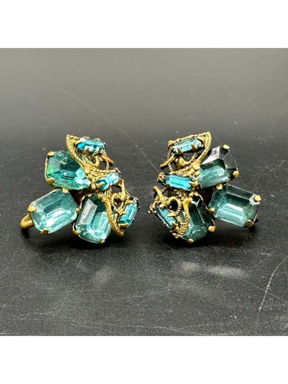 Vintage Screw Back Earrings Czechoslovakia Ornate Filigree Aqua Blue Green Glass